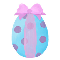 Blue pink easter egg with purple bow ribbon pastel color watercolor illustration cute brush polkadot pattern hand drawn spring season png transparent cutout clipart digital sticker