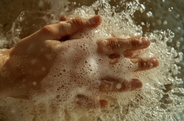 Fototapeta premium A person is thoroughly washing their hands with soap at a sink