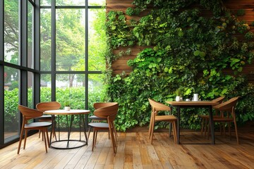 Obraz premium Indoor seating area with plants in a modern cafe featuring natural light and wooden decor
