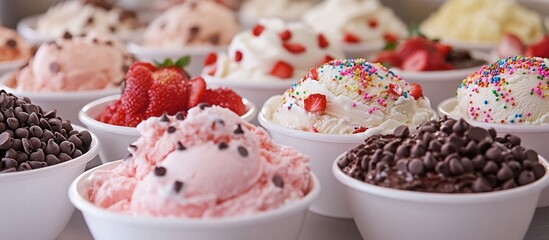 Variety of colorful ice cream flavors with toppings.
