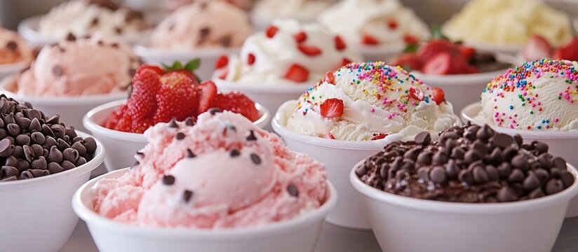 Variety of colorful ice cream flavors with toppings.