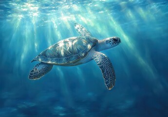 Fototapeta premium Majestic Sea Turtle Swimming Gracefully Underwater with Sunlight Filtering Through Crystal Clear Ocean Waters