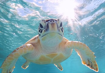 Obraz premium Majestic Sea Turtle Swimming Gracefully Underwater with Sunlight Filtering Through the Surface in Clear Blue Ocean Waters