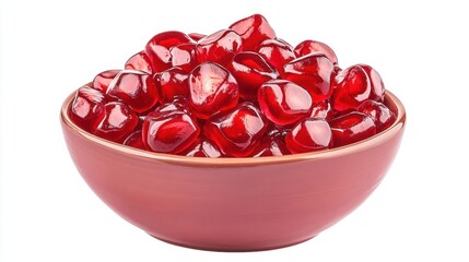 Fresh Pomegranate Seeds in a Bright Red Bowl on White Background
