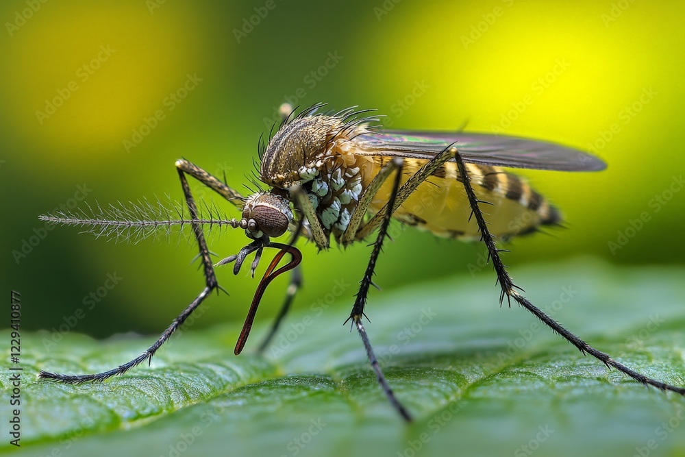 Poster close-up view of a mosquito resting on a green leaf in a vibrant natural setting during daylight hou