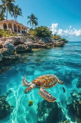 Majestic Sea Turtle Swimming in Crystal Clear Tropical Waters Near Rocky Coastline and Lush Palm Trees Under Bright Blue Sky