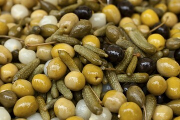 Green and black olives, pickles, onions, weekly market, Majorca, Spain, Europe