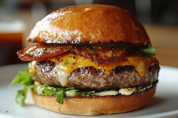 Juicy cheeseburger with crisp bacon and fresh greens served on a toasted bun in vibrant setting