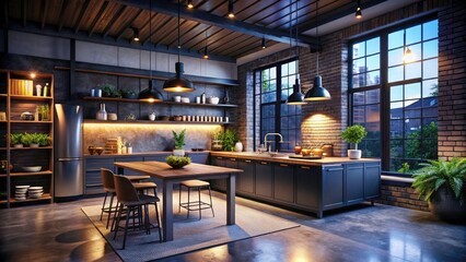 Stunning 3D rendered industrial loft kitchen; ideal for real estate photography and wall mockups.