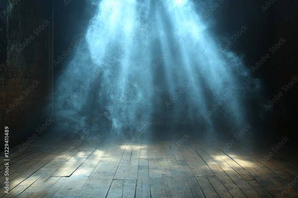 Poster light beams piercing through mist in an empty wooden room create a mysterious atmosphere during the 