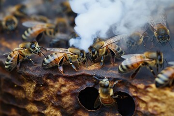Beekeeper gently calming bees with smoke while inspecting their thriving colony. Generative AI