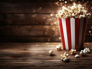 Buttery popcorn overflowing from a red striped box on rustic wooden table for movie night delight