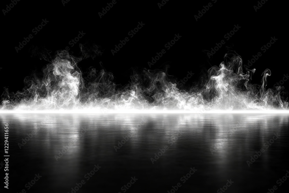 Aufkleber Ethereal smoke rising from a reflective surface in a dark environment creates a mysterious atmosphere