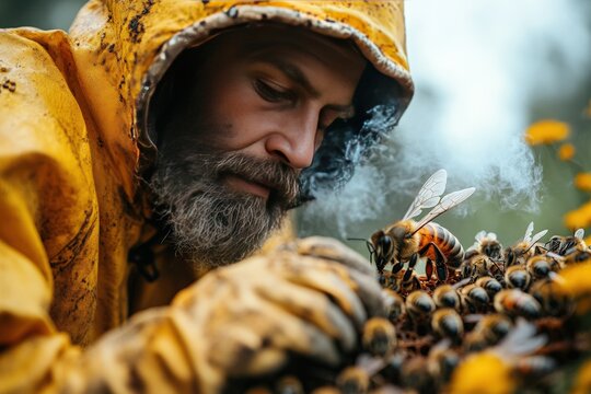 Beekeeper gently smokes a hive to inspect a thriving colony of bees. Generative AI