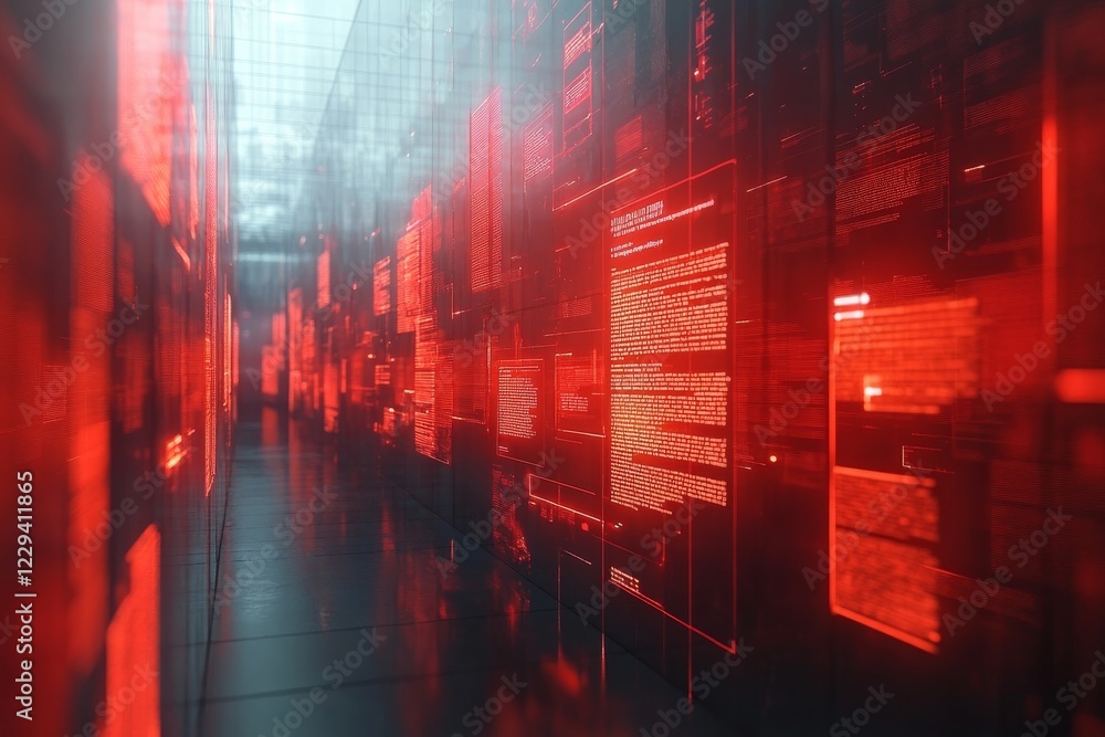 Aufkleber digital hallway displaying glowing red data and text in a futuristic environment at night