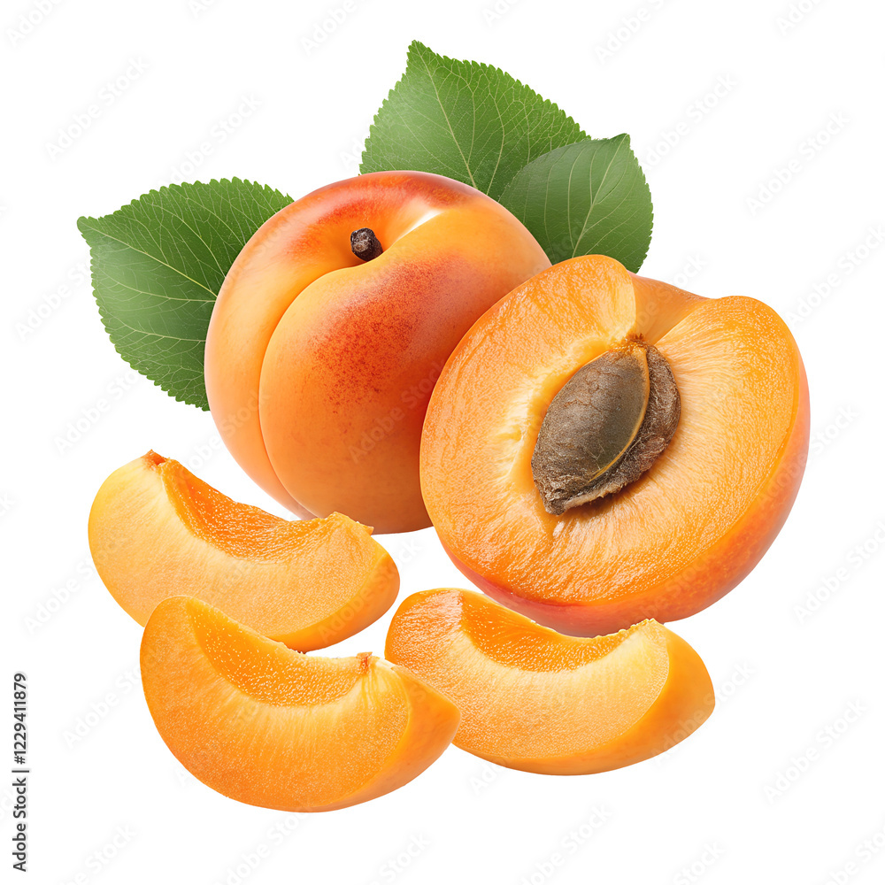Poster apricots with leaves and slices isolated on transparent background png image
