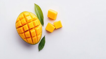 Fresh Ripe Mango Cut into Cubes with Green Leaves on White Background