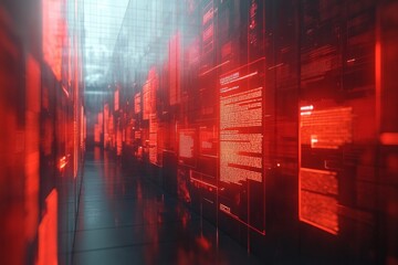 Digital hallway displaying glowing red data and text in a futuristic environment at night