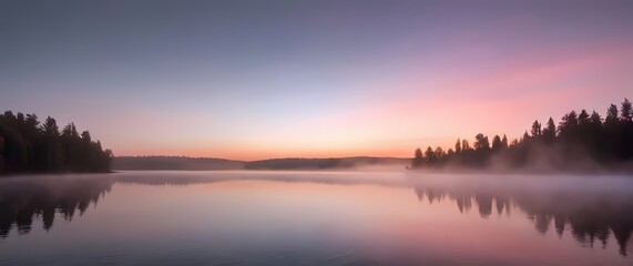 Obraz premium A soft pastel colored sky at sunrise enhancing the beauty of a tranquil lake