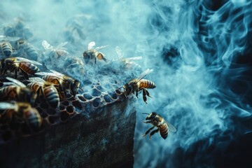 Calming bees with gentle smoke during a beehive inspection in vibrant detail. Generative AI