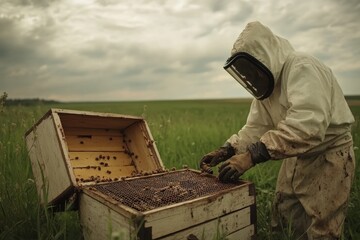 Beehive inspection by beekeeper in lush green fields under overcast sky. Generative AI