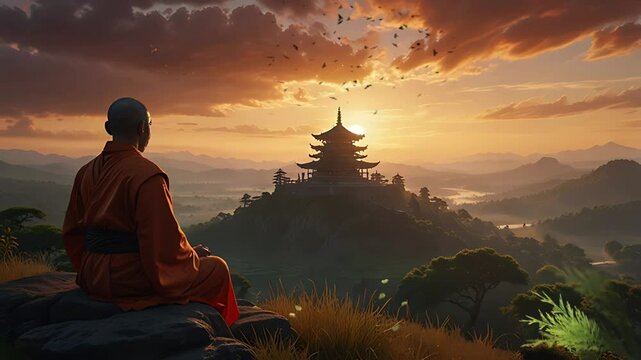 A monk is meditating on a cliff and a pagoda building is visible. Seamless 4K looping timelapse video animation background
