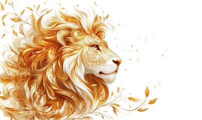 Golden Lion Profile With Floral Mane on Black Background