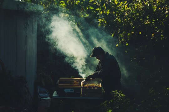 Beekeeper tending to hives in a lush garden with gentle smoke clouds. Generative AI