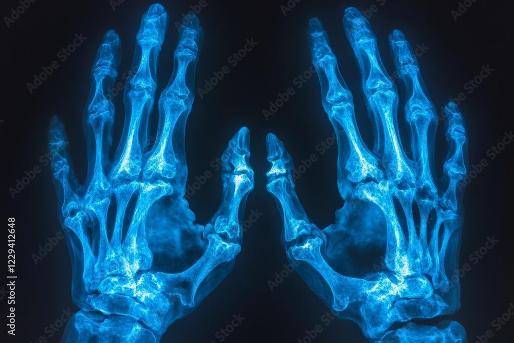 Aufkleber hands displayed in vivid blue x-ray, showcasing intricate bone structure and anatomy under advanced 