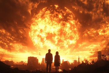 Fototapeta premium Two figures silhouette against a dramatic sunset over a city skyline, symbolizing hope amidst despair in the background