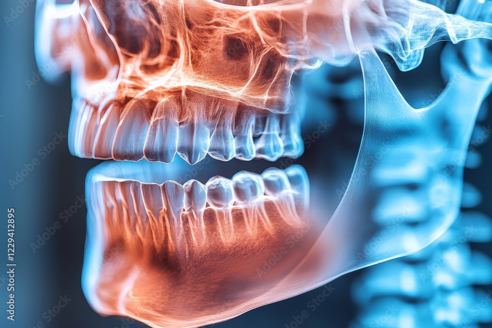 Aufkleber detailed view of a human skull showing skeletal structure and dental alignment in a medical setting