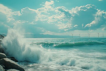 Waves crash against rocky shore with wind turbines in clear blue ocean under a cloudy sky