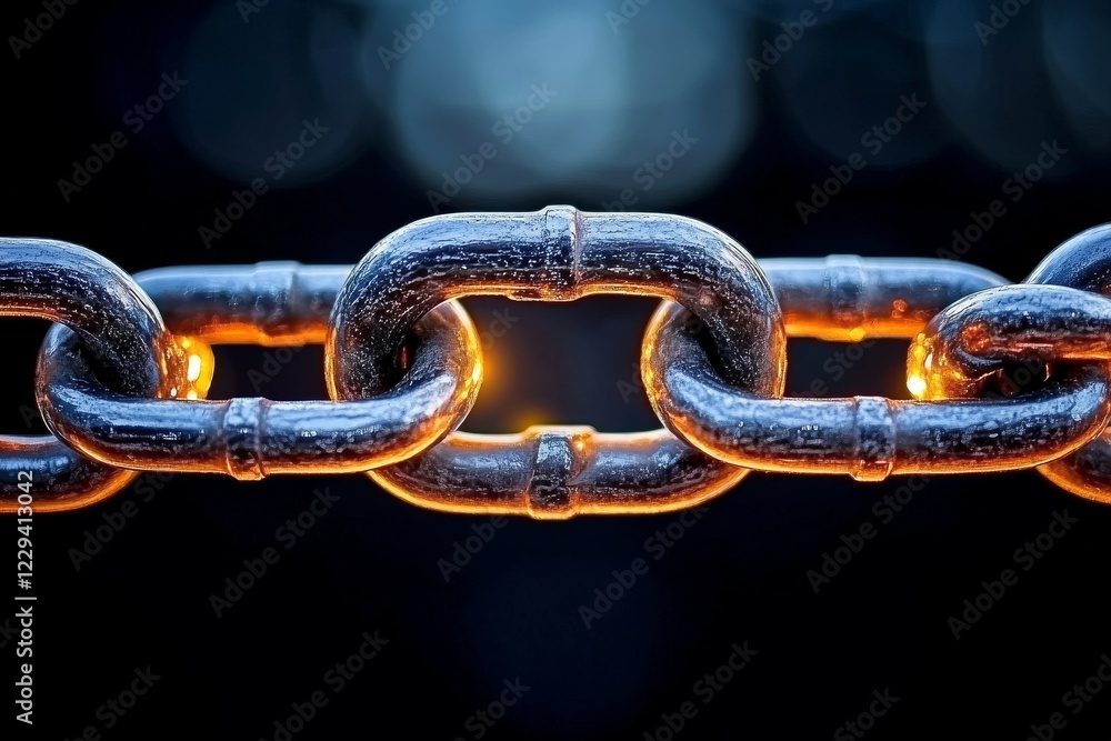 Aufkleber close-up view of a metallic chain reflecting light in a dark setting showcasing details and textures