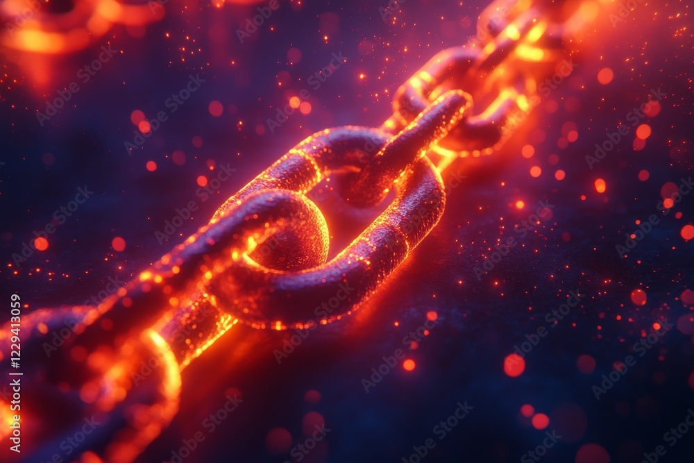 Poster glowing chain links illuminated by vibrant particles in dark space setting