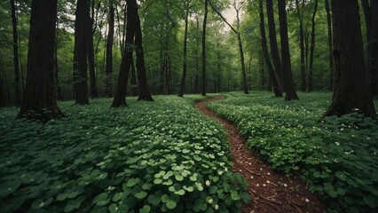 Forest Path Covered with Clover Leaves
