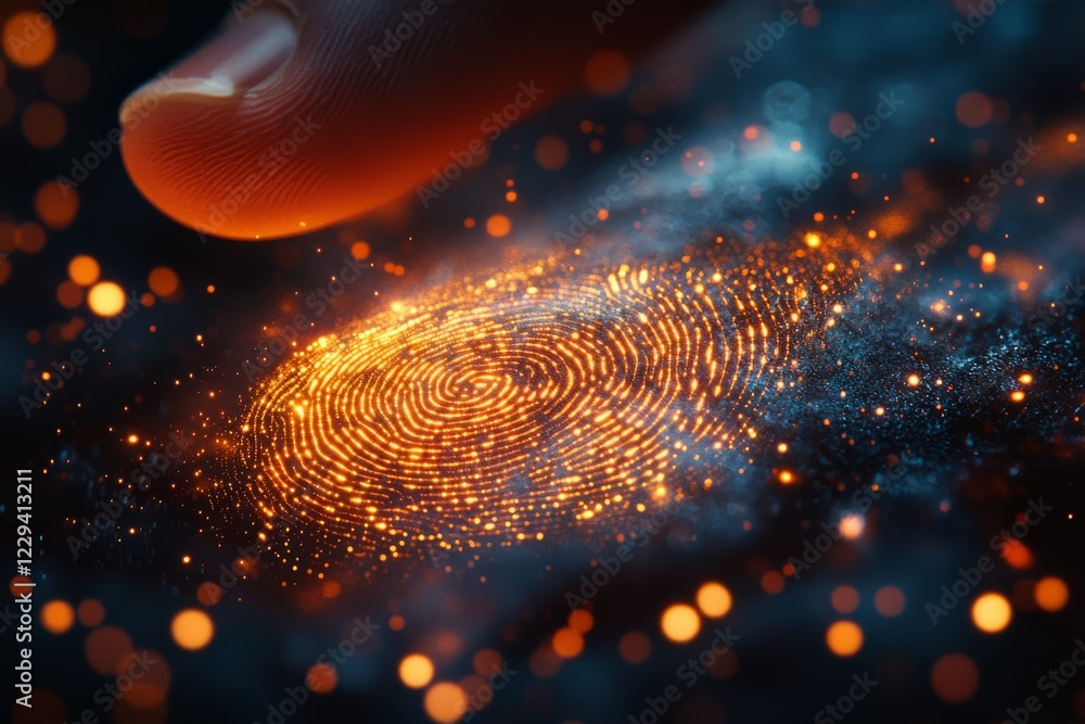 Poster close up of a glowing fingerprint illuminated with vibrant particles against a dark background