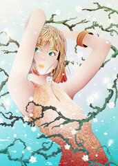 Woman enjoying the time with cherry blossom illustration