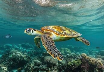 Fototapeta premium Majestic Sea Turtle Swimming Through Vibrant Coral Reef Under Clear Blue Water in Tropical Ocean Paradise