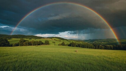 Naklejka premium Rainbow Over Green Meadow with Hills