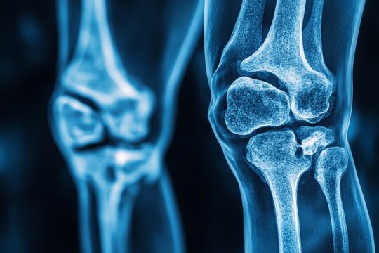 Detailed X-ray of human knee joint showcasing bones and cartilage structure in blue tones