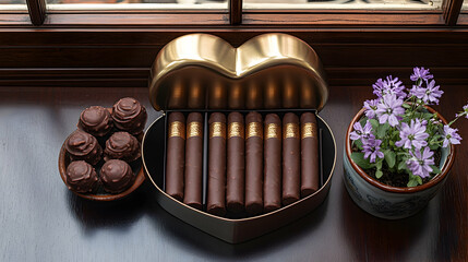 Chocolate cigars and truffles near window