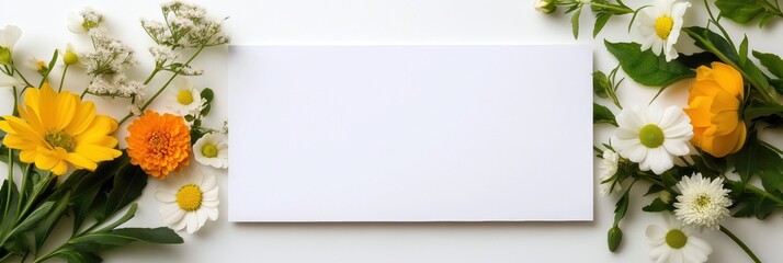 A white card with a blank space in the middle is surrounded by a variety of flowers. The flowers include daisies, sunflowers, and marigolds. The card is meant to be used for a special occasion