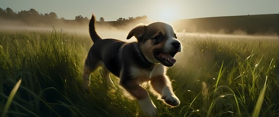 A spirited close up of a rambunctious puppy dashing through playful summer grass fields catching joy