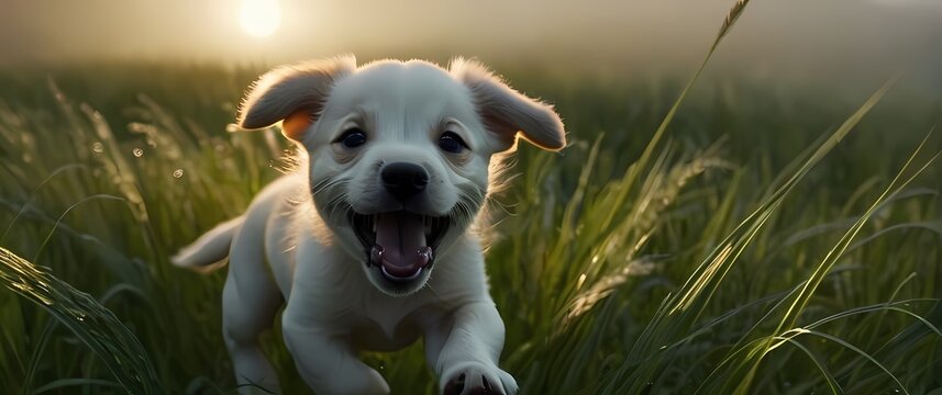 A spirited close up of a rambunctious puppy dashing through playful summer grass fields catching joy