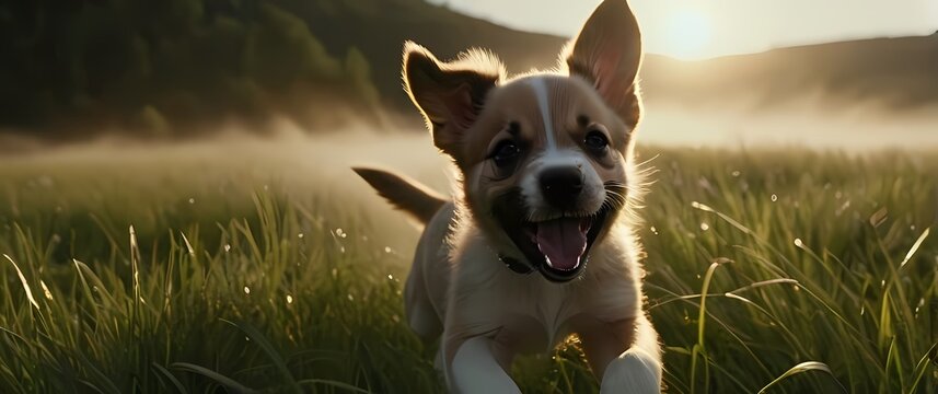 A spirited close up of a rambunctious puppy dashing through playful summer grass fields catching joy
