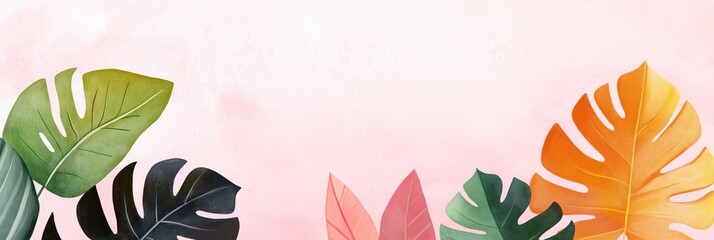 A colorful drawing of leaves with a pink background. The leaves are of different colors and sizes, and they are arranged in a way that creates a sense of depth and movement