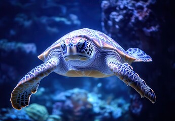 Obraz premium Majestic Sea Turtle Swims Gracefully Through Clear Ocean Water Surrounded by Vibrant Coral in Underwater Paradise