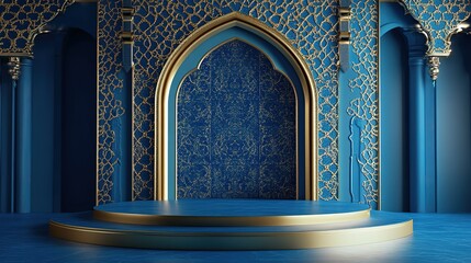 Islamic theme features intricate geometric patterns and calligraphy., 3d blue and gold Islamic style ramadan kareem themed horizontal background podium for storefront product display
