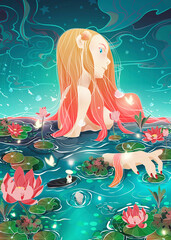 The goddess taking a bath at nature illustration