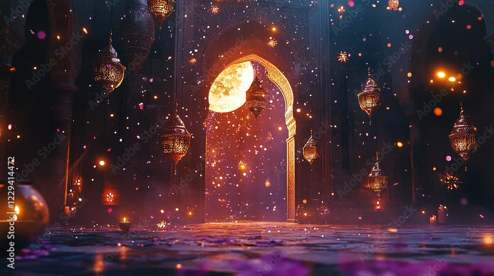 Fototapete Mosque and candle lanterns with moon hanging Ramadan kareem template. Colorful Background Meteor Splash Flakes Overlay for Dynamic Visuals 